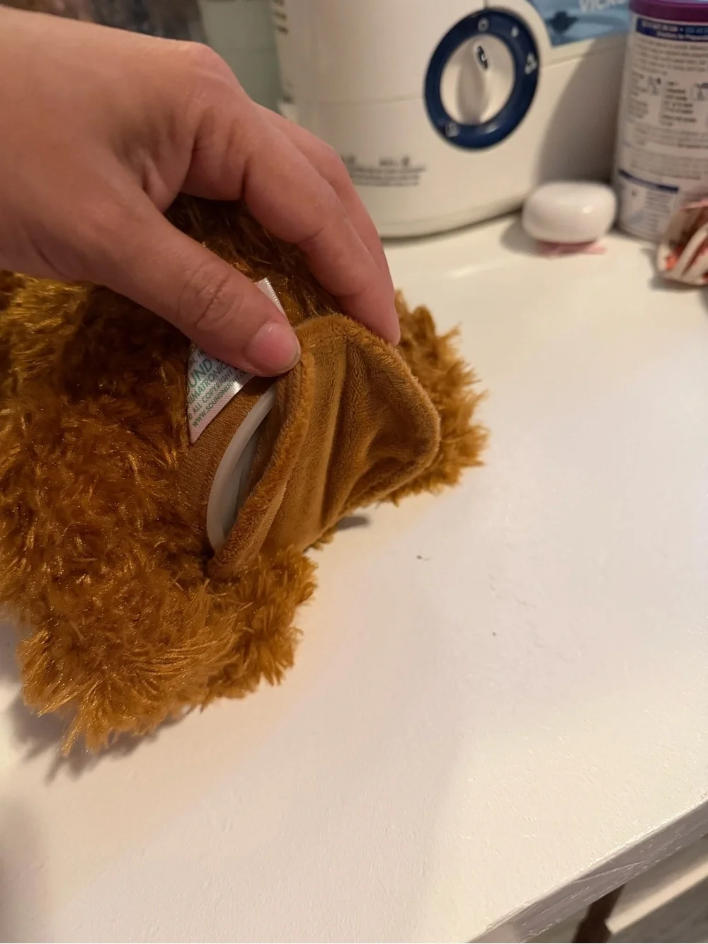 Plush Brown Puppy Dog Toy with Red Bow